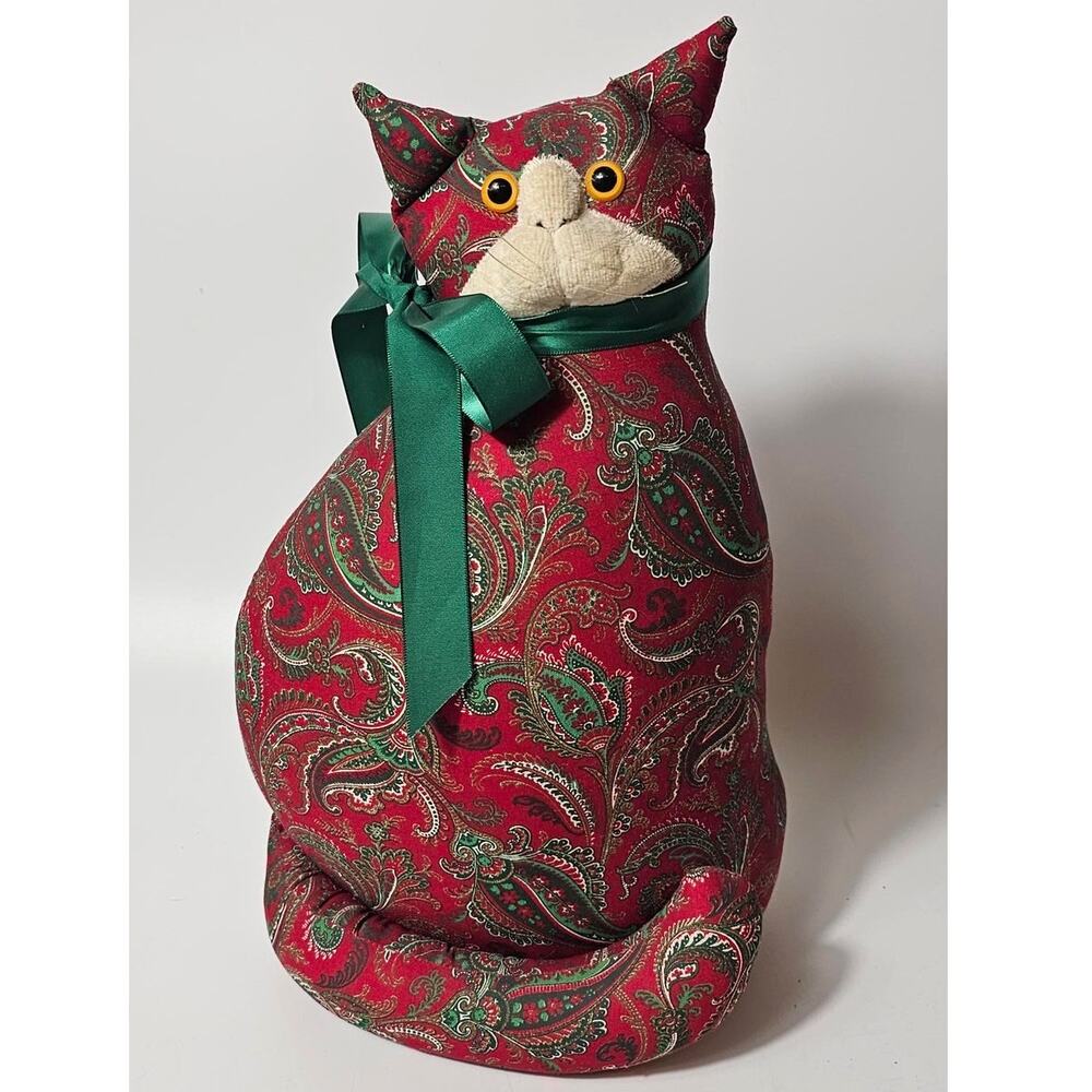 Vintage 90s Bonnie Sewell Classic Chelsie Paisley Stuffed Cat Weighted Doorstop